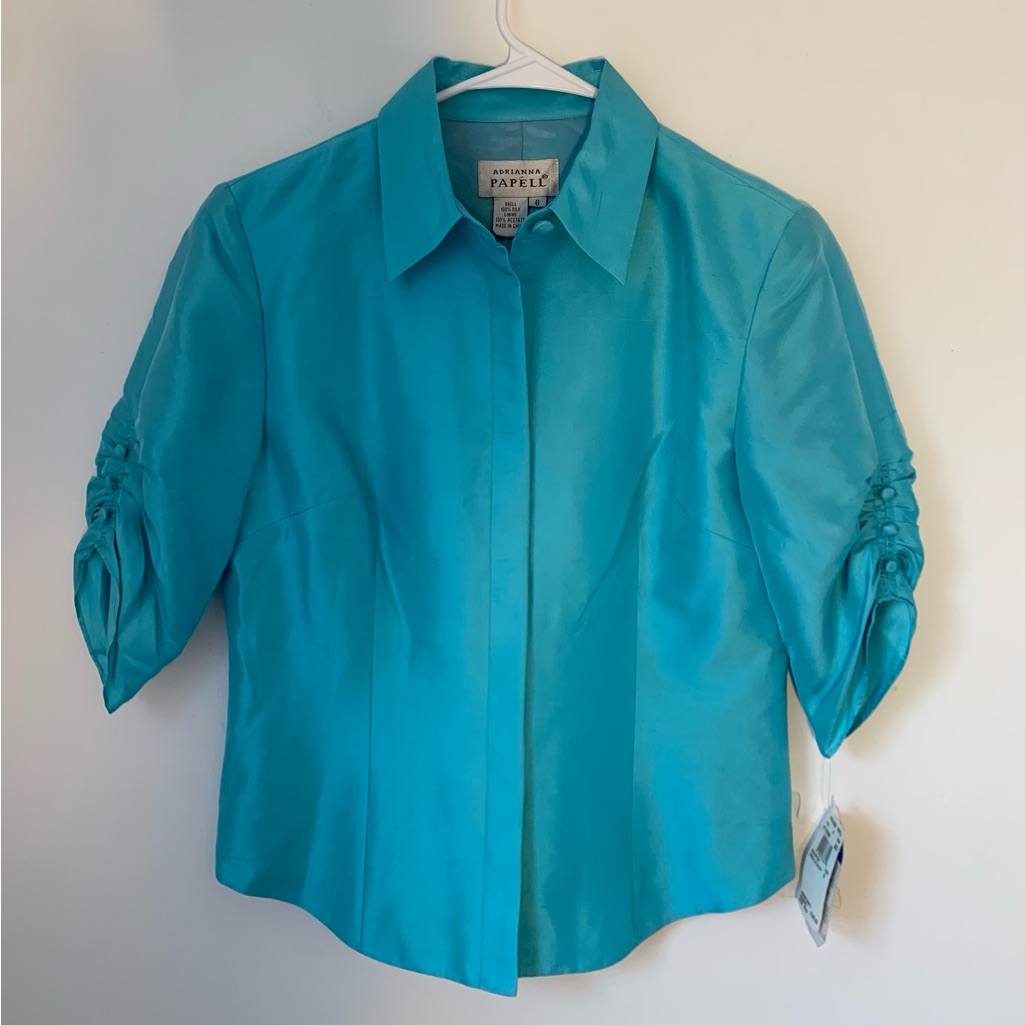 Adrianna Papell Blue Silk Slub Button Up Blouse